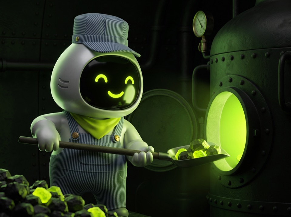 Kai in engineer overalls shoveling glowing coal into a boiler